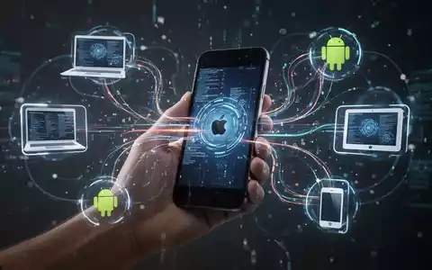 A hand holds an iPhone, with glowing digital lines connecting it to other devices, symbolizing improved data transfer and cross-platform sharing. - Foto: über boerse-global.de