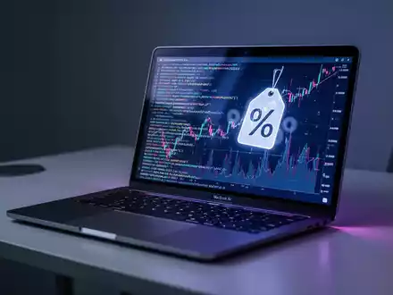 A close-up of a modern laptop with a glowing screen, displaying abstract code, on a dark, minimalist desk. - Foto: über boerse-global.de