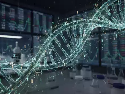 Eine stilisierte, leuchtende DNA-Helix, die sich mit digitalen Datenströmen vor einem dunklen, futuristischen Hintergrund verflechtet. - Foto: über boerse-global.de