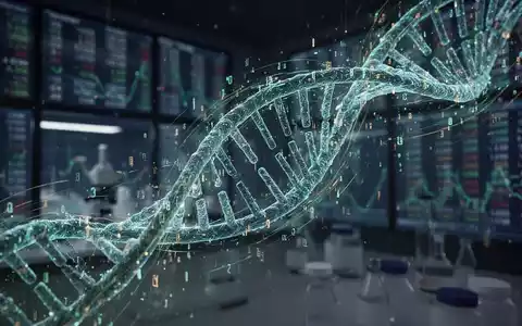 Eine stilisierte, leuchtende DNA-Helix, die sich mit digitalen Datenströmen vor einem dunklen, futuristischen Hintergrund verflechtet. - Foto: über boerse-global.de