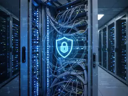 Ein hochsicherer Serverraum mit Reihen von Server-Racks und blauen Lichtern, die Datensicherheit und technologische Fortschritte symbolisieren. - Foto: über boerse-global.de