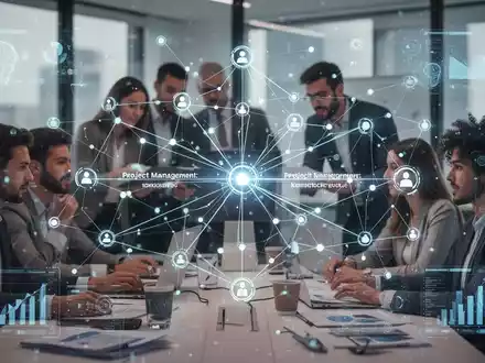 Ein stilisiertes Netzwerk aus leuchtenden Knoten und Linien, das Projektmanagement-Prozesse und Datenflüsse darstellt. - Foto: über boerse-global.de