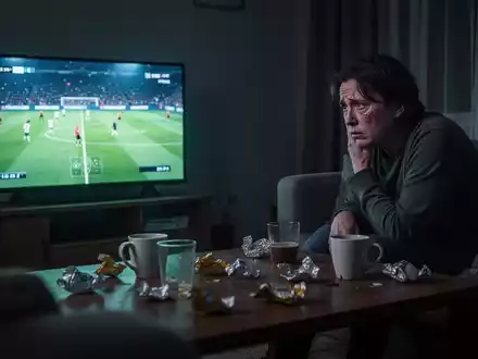 Eine müde Person sitzt nachts auf einem Sofa und schaut auf einen leuchtenden Fernseher, der ein Fußballspiel zeigt. - Foto: über boerse-global.de