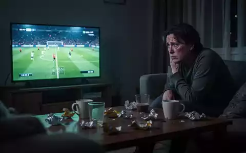 Eine müde Person sitzt nachts auf einem Sofa und schaut auf einen leuchtenden Fernseher, der ein Fußballspiel zeigt. - Foto: über boerse-global.de