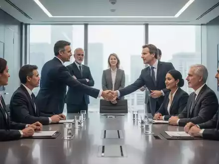 Eine Gruppe von Führungskräften in einem modernen Konferenzraum, die eine Übergabe oder neue Führungskraft symbolisiert. - Foto: über boerse-global.de