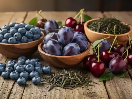 Eine Nahaufnahme von frischen, herzgesunden Lebensmitteln: Blaubeeren, Pflaumen, Kirschen und grüne Teeblätter auf einem Holztisch. - Foto: über boerse-global.de