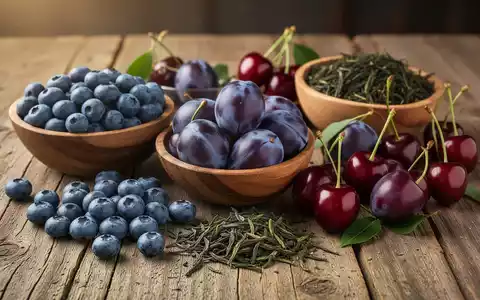 Eine Nahaufnahme von frischen, herzgesunden Lebensmitteln: Blaubeeren, Pflaumen, Kirschen und grüne Teeblätter auf einem Holztisch. - Foto: über boerse-global.de