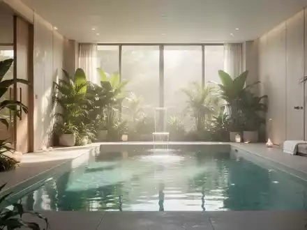Ein ruhiger, moderner Spa-Innenbereich mit einem klaren Pool, üppigen Pflanzen und sanftem Tageslicht, das eine entspannende Atmosphäre schafft. - Foto: über boerse-global.de