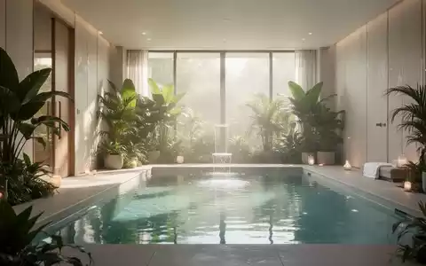 Ein ruhiger, moderner Spa-Innenbereich mit einem klaren Pool, üppigen Pflanzen und sanftem Tageslicht, das eine entspannende Atmosphäre schafft. - Foto: über boerse-global.de
