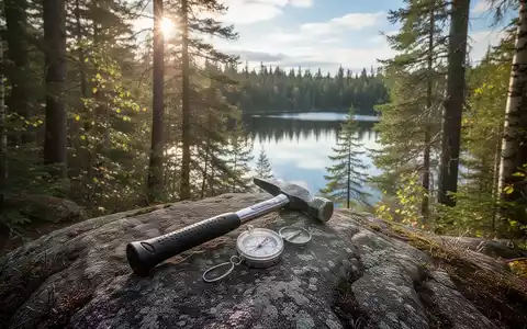 Ein Geologenhammer und Kompass auf einem Felsvorsprung in einem dichten kanadischen Wald in Ontario, mit einem See im Hintergrund. - Foto: über boerse-global.de