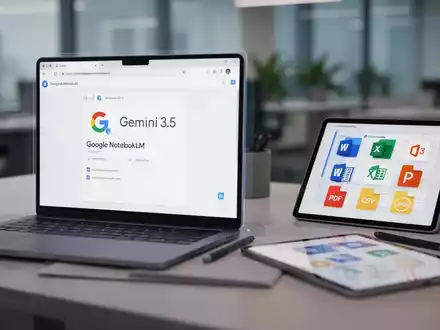 A laptop screen shows Google NotebookLM with Gemini 3.5, surrounded by icons for Microsoft Office and other file formats. - Foto: über boerse-global.de
