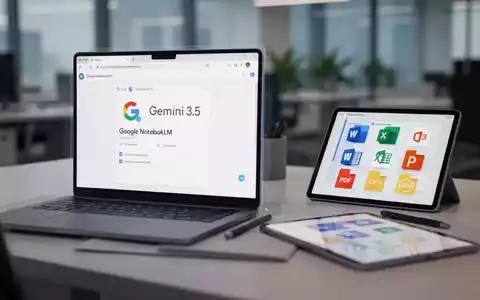 A laptop screen shows Google NotebookLM with Gemini 3.5, surrounded by icons for Microsoft Office and other file formats. - Foto: über boerse-global.de