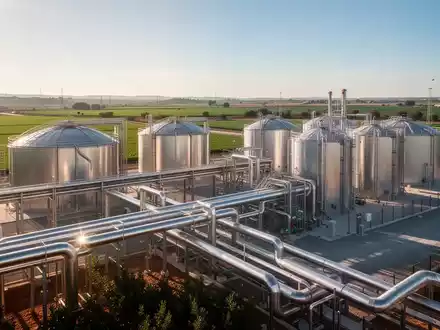 Eine moderne Biomethanproduktionsanlage in Spanien mit Pipelines und Tanks vor landwirtschaftlichen Feldern unter klarem Himmel. - Foto: über boerse-global.de