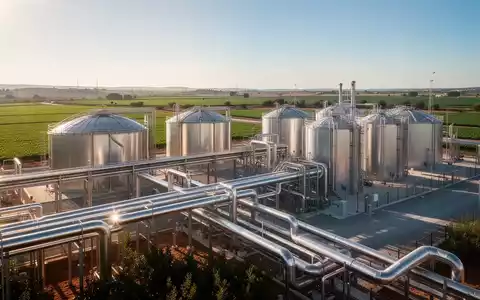 Eine moderne Biomethanproduktionsanlage in Spanien mit Pipelines und Tanks vor landwirtschaftlichen Feldern unter klarem Himmel. - Foto: über boerse-global.de