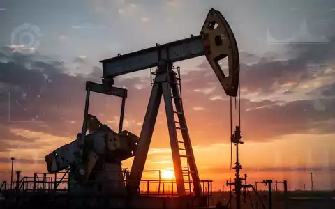 Öl-Pumpenanlage bei Sonnenuntergang mit subtilen digitalen Datenüberlagerungen, symbolisiert Gewinndaten im Energiesektor. - Foto: über boerse-global.de
