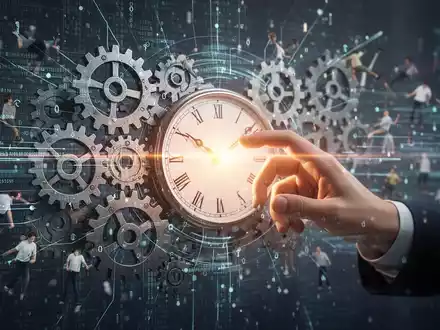 Abstrakte Darstellung von Zeitmanagement mit ineinandergreifenden Zahnrädern, digitalen Datenströmen und einer fokussierten Lichtquelle. - Foto: über boerse-global.de