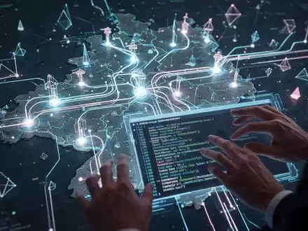 A stylized digital map of Schleswig-Holstein with glowing data pathways, symbolizing digital infrastructure and open-source migration. - Foto: über boerse-global.de