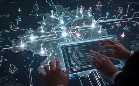 A stylized digital map of Schleswig-Holstein with glowing data pathways, symbolizing digital infrastructure and open-source migration. - Foto: über boerse-global.de