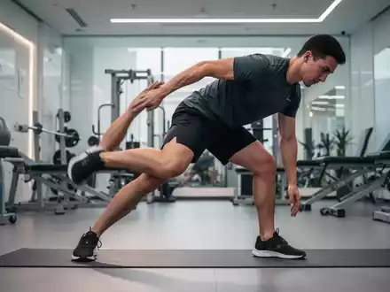 Eine Person führt eine dynamische Hüftmobilisationsübung in einem modernen Fitnessstudio oder Reha-Zentrum aus. - Foto: über boerse-global.de