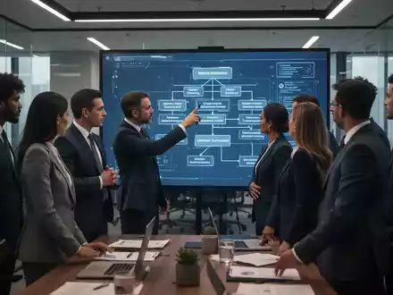 Geschäftsleute diskutieren eine komplexe Matrixorganisation auf einem digitalen Bildschirm in einem modernen Büro, symbolisch für rechtliche Entscheidungen. - Foto: über boerse-global.de