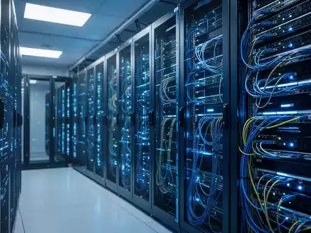 Ein modernes Rechenzentrum mit leuchtenden blauen Lichtern, das Datensicherheit und Cloud-Infrastruktur symbolisiert. - Foto: über boerse-global.de