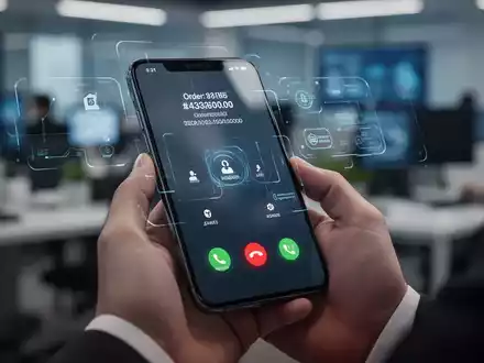 A close-up of a hand holding a smartphone showing a call in progress with contextual information like an order number displayed on screen. - Foto: über boerse-global.de