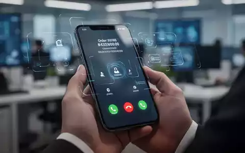 A close-up of a hand holding a smartphone showing a call in progress with contextual information like an order number displayed on screen. - Foto: über boerse-global.de