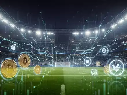 A stylized football stadium at night with glowing digital lines representing data flow and holographic payment icons, symbolizing digital finance and sports partnerships. - Foto: über boerse-global.de