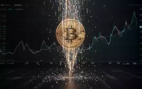 Ein fallender Bitcoin, dargestellt als Datenstrom, vor einem dunklen, minimalistischen Finanzhintergrund, der Abflüsse symbolisiert. - Foto: über boerse-global.de