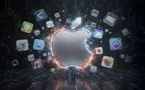 Stylized Apple logo with dissolving, faded app icons representing obsolete paid iPhone apps, against a dark, tech background. - Foto: über boerse-global.de