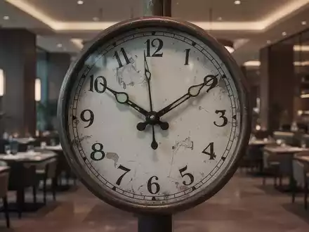 Eine Uhr mit unregelmäßigen Zeigerständen vor dem verschwommenen Hintergrund einer Restaurant- oder Hotellobby. - Foto: über boerse-global.de