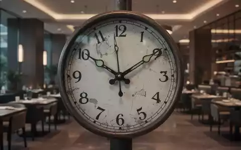 Eine Uhr mit unregelmäßigen Zeigerständen vor dem verschwommenen Hintergrund einer Restaurant- oder Hotellobby. - Foto: über boerse-global.de