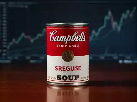Eine einzelne Campbell's Suppendose steht auf einer dunklen Holzoberfläche mit einem verschwommenen Finanzdiagramm im Hintergrund. - Foto: über boerse-global.de