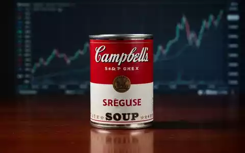 Eine einzelne Campbell's Suppendose steht auf einer dunklen Holzoberfläche mit einem verschwommenen Finanzdiagramm im Hintergrund. - Foto: über boerse-global.de