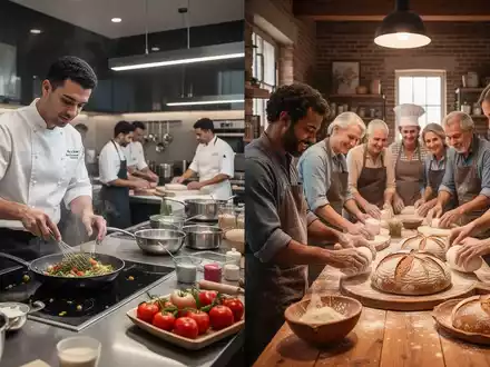 Eine Collage aus zwei Szenen: eine gehobene Kochschule mit einem Koch und eine Backwerkstatt mit Teilnehmern, die Sauerteigbrot herstellen. - Foto: über boerse-global.de