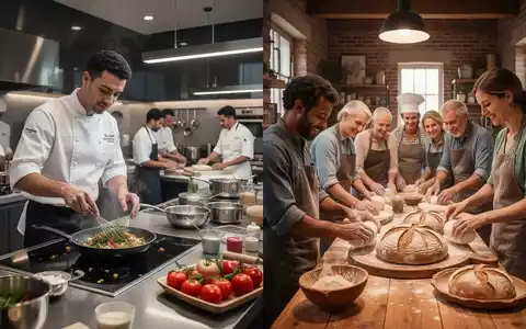 Eine Collage aus zwei Szenen: eine gehobene Kochschule mit einem Koch und eine Backwerkstatt mit Teilnehmern, die Sauerteigbrot herstellen. - Foto: über boerse-global.de