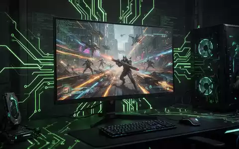 A futuristic gaming monitor displays a vibrant game, with green circuit board lines radiating from it, symbolizing advanced technology. - Foto: über boerse-global.de