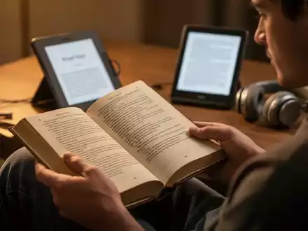 Eine Person liest ein physisches Buch, im Hintergrund verschwommen ein E-Reader und Kopfhörer, die verschiedene Medienformen darstellen. - Foto: über boerse-global.de