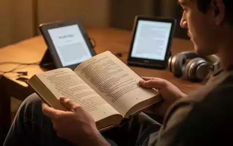 Eine Person liest ein physisches Buch, im Hintergrund verschwommen ein E-Reader und Kopfhörer, die verschiedene Medienformen darstellen. - Foto: über boerse-global.de