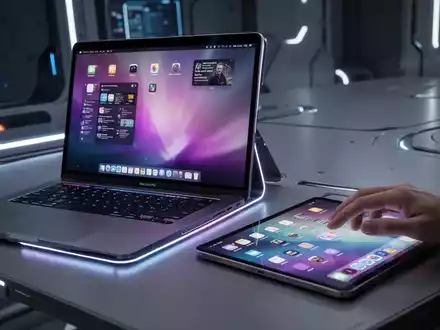 A hand touches the screen of an iPad displaying a macOS interface, next to a MacBook Pro laptop in a modern workspace. - Foto: über boerse-global.de