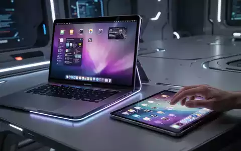 A hand touches the screen of an iPad displaying a macOS interface, next to a MacBook Pro laptop in a modern workspace. - Foto: über boerse-global.de