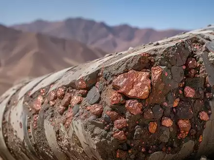 Geologische Kernprobe mit Kupfererz vor der verschwommenen Kulisse einer Berglandschaft in Peru. - Foto: über boerse-global.de