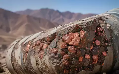 Geologische Kernprobe mit Kupfererz vor der verschwommenen Kulisse einer Berglandschaft in Peru. - Foto: über boerse-global.de