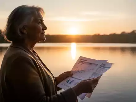 Eine nachdenkliche ältere Frau betrachtet bei Sonnenuntergang einen See und hält einen Finanzbericht in der Hand, Symbol für Altersvorsorge. - Foto: über boerse-global.de