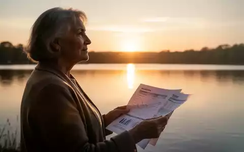 Eine nachdenkliche ältere Frau betrachtet bei Sonnenuntergang einen See und hält einen Finanzbericht in der Hand, Symbol für Altersvorsorge. - Foto: über boerse-global.de