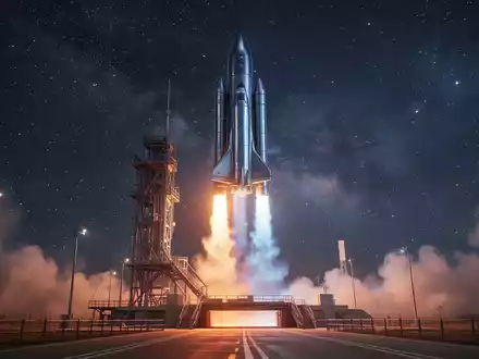 Eine futuristische Rakete startet von einer Startrampe in den Weltraum, umgeben von einem sternenklaren Himmel. - Foto: über boerse-global.de