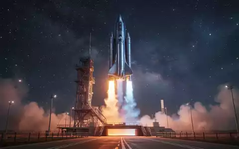 Eine futuristische Rakete startet von einer Startrampe in den Weltraum, umgeben von einem sternenklaren Himmel. - Foto: über boerse-global.de