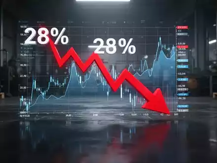 Ein Börsenchart mit einem starken Rückgang von 28 % und einem roten Abwärtspfeil auf einer dunklen, reflektierenden Oberfläche. - Foto: über boerse-global.de