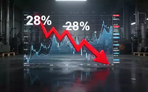 Ein Börsenchart mit einem starken Rückgang von 28 % und einem roten Abwärtspfeil auf einer dunklen, reflektierenden Oberfläche. - Foto: über boerse-global.de