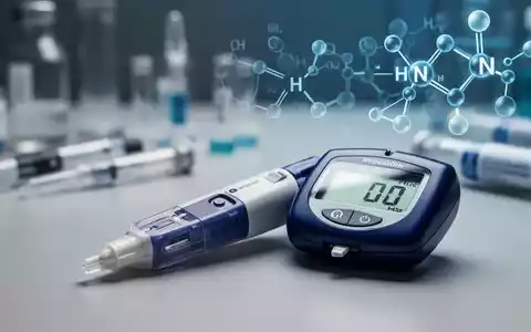 Nahaufnahme eines Blutzuckermessgeräts und einer Lanzette, mit verschwommenem Hintergrund aus medizinischer Ausrüstung und Insulinmolekül-Schema. - Foto: über boerse-global.de
